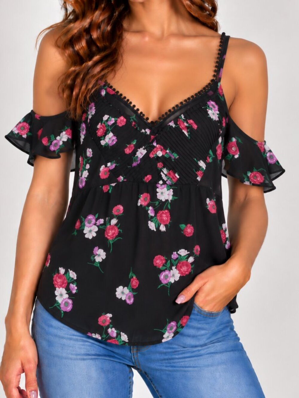 Floral Black Top with Pink and Purple Accents cold shoulder women's size M (328)